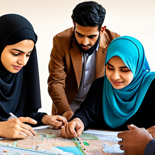 Home 11 **Prompt 1: Urban Planner at Work.** A diverse group of people (men and women) discussing city plans around a table with maps, architectural models, and GIS data on computer screens. The planner (perhaps wearing a hijab) gestures towards a detail on a map. The overall tone is collaborative and focused on improving the community. Consider adding Urdu script elements subtly in the background.