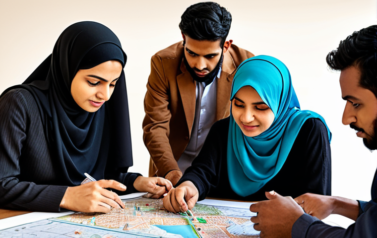 **Prompt 1: Urban Planner at Work.** A diverse group of people (men and women) discussing city plans around a table with maps, architectural models, and GIS data on computer screens. The planner (perhaps wearing a hijab) gestures towards a detail on a map. The overall tone is collaborative and focused on improving the community. Consider adding Urdu script elements subtly in the background.