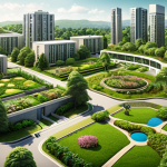 **A garden city concept illustration:** Lush green spaces integrated within a city, connecting urban areas with rural landscapes, showcasing Ebenezer Howard's vision. Focus on healthy environment and aesthetic appeal.