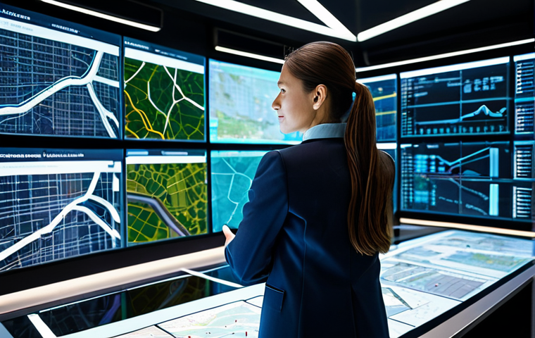 A professional female urban planner in modest business attire, standing confidently in a state-of-the-art urban planning control center. Large, futuristic digital screens display real-time city data, intricate traffic patterns, and smart infrastructure grids. A glowing holographic 3D model of a sustainable city master plan is presented on a central table. The scene is illuminated by soft ambient light, highlighting advanced technology and a data-driven approach. safe for work, appropriate content, fully clothed, professional dress, perfect anatomy, correct proportions, natural pose, well-formed hands, proper finger count, natural body proportions, high quality, professional photography, sharp focus, vibrant colors.
