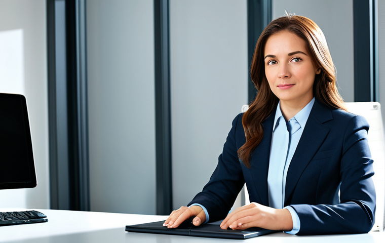 도시계획 업무에서의 창의적 문제 해결법 - **Prompt:** A professional businesswoman in a modest business suit, sitting at a desk in a modern of...