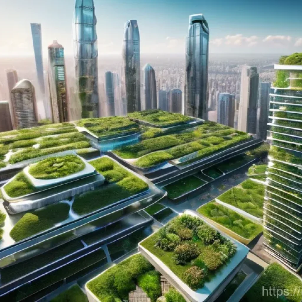 도시계획 실무에서의 시뮬레이션 활용 - **Sustainable Urban Oasis with Digital Twin Technology:** A breathtaking, high-angle view of a futur...