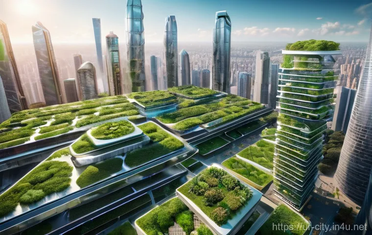 도시계획 실무에서의 시뮬레이션 활용 - **Sustainable Urban Oasis with Digital Twin Technology:** A breathtaking, high-angle view of a futur...