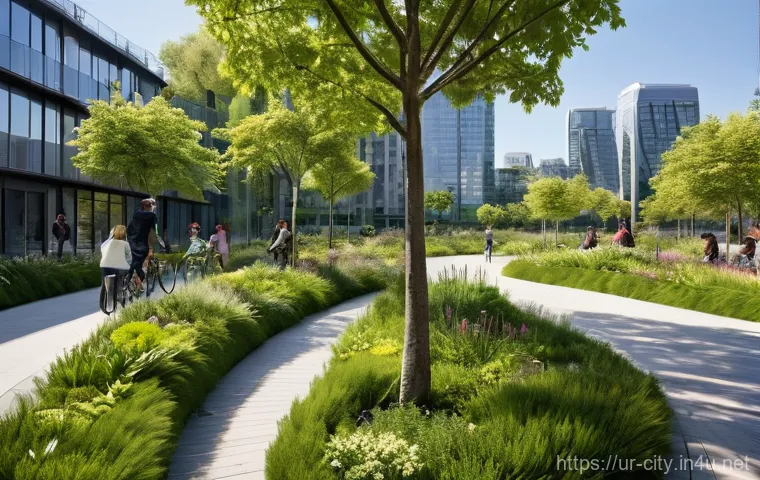 도시계획 전문가 인터뷰 - **Sustainable Urban Oasis:**
"A wide-angle, highly detailed shot of a vibrant, futuristic urban ...